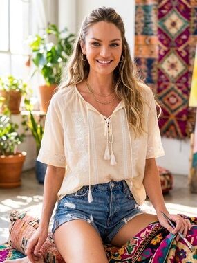 Moda International Silk Cotton Embroidered Blouse Cream Ivory Boho Peasant S